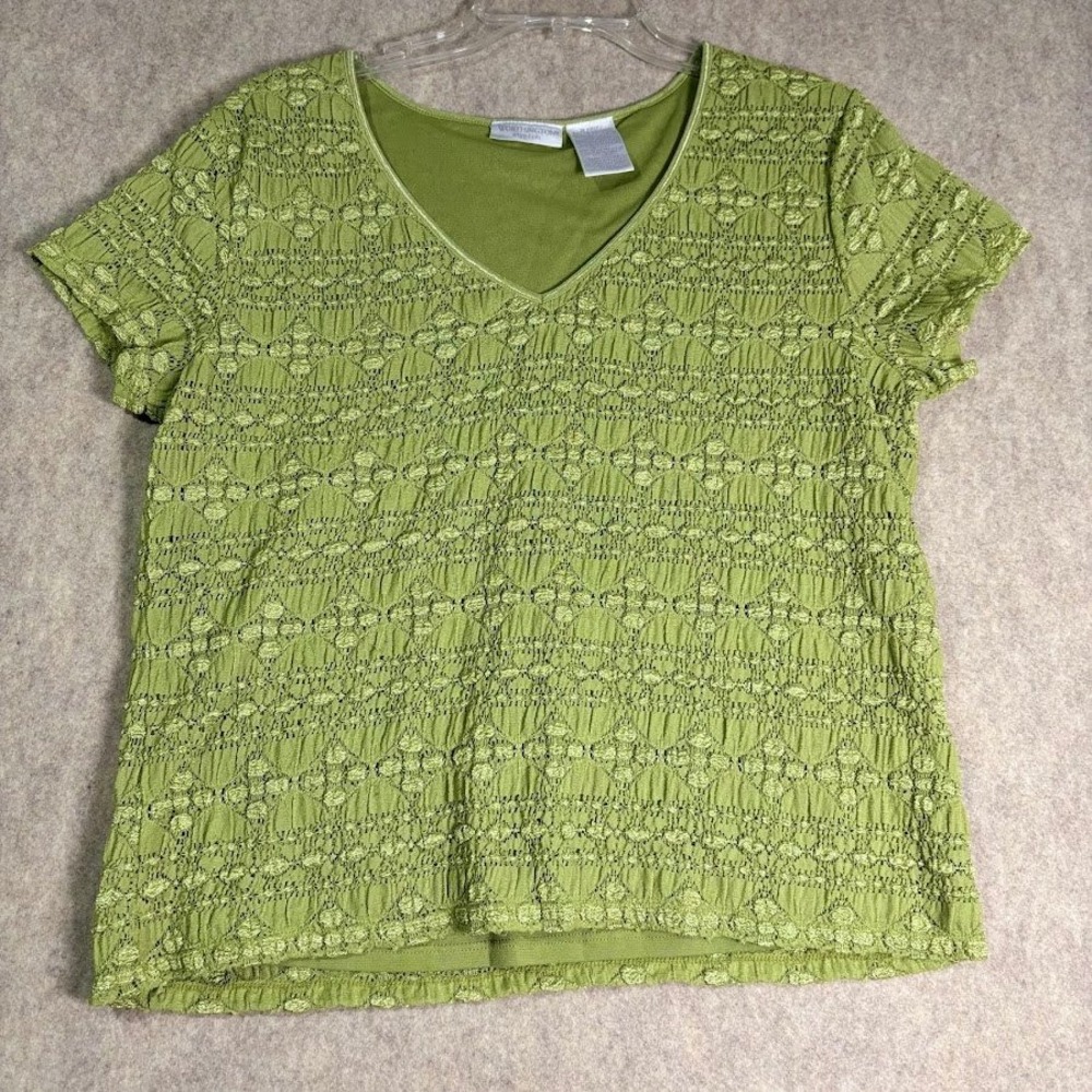 Worthington Top Women XL Green Polyester Stretch Smocked V-Neck Vintage Chic Tee